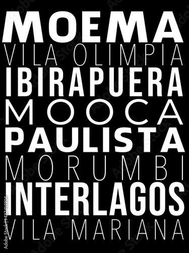 Art with famous places in São Paulo, such as Ibirapuera, Moema, Mooca, Paulista, Morumbi, Vila Olympia, Interlagos and Vila Mariana. Neighborhood names written on black background. photo