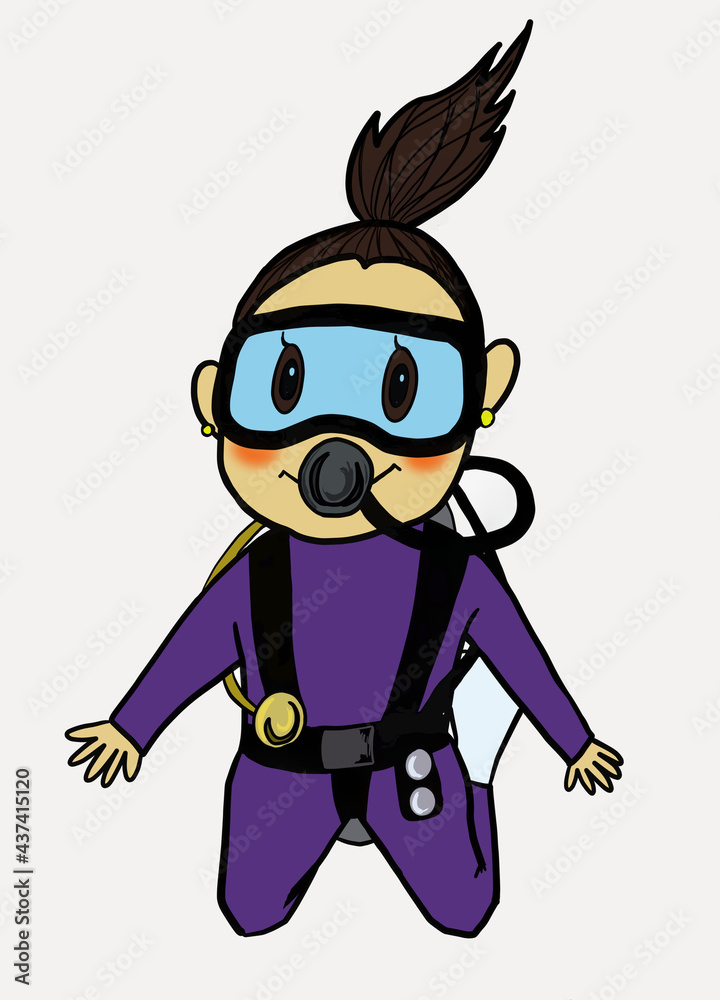 Scuba diver girl illustration with white background