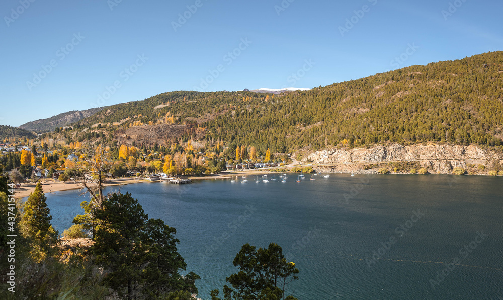 PANORAMIC VIEW OF SAN MARTIN DE LOS ANDES. LAKE LACAR PATAGONIA ARGENTINA, ROAD OF THE SEVEN LAKES, ROUTE 40.