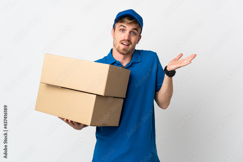 Young delivery blonde man isolated on white background with shocked facial expression Young delivery blonde man isolated on white background with shocked facial expression