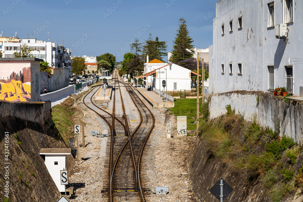 Railroad tracks by the train station in Olhao, Algarve, Portugal