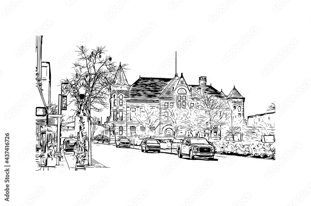 Building view with landmark of Fort Wayne is a city in northeastern Indiana. Hand drawn sketch illustration in vector.
