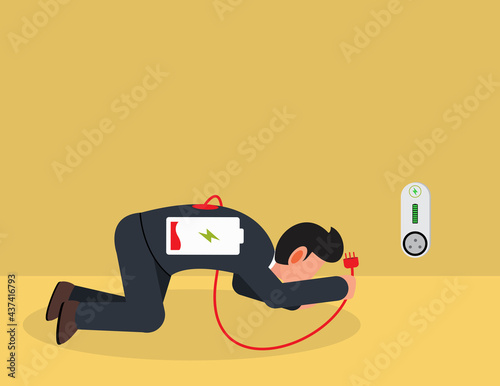 Businessman with low battery ​indicator crawling to electric plug for charging his power