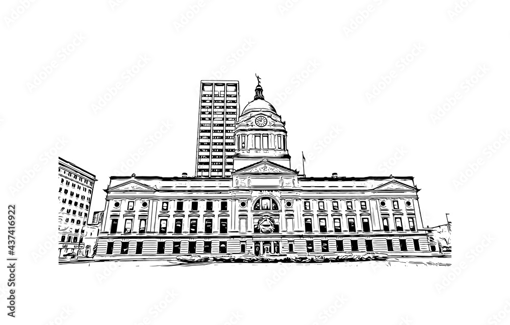 Building view with landmark of Fort Wayne is a city in northeastern Indiana. Hand drawn sketch illustration in vector.