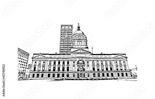 Obraz na płótnie Building view with landmark of Fort Wayne is a city in northeastern Indiana. Hand drawn sketch illustration in vector. w salonie