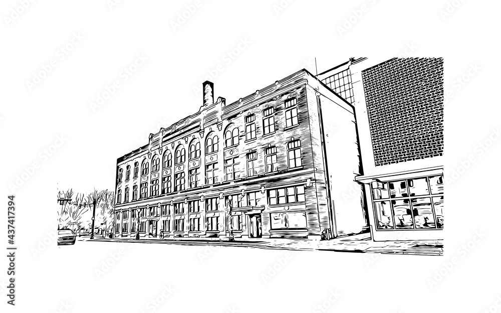 Building view with landmark of Fort Wayne is a city in northeastern Indiana. Hand drawn sketch illustration in vector.