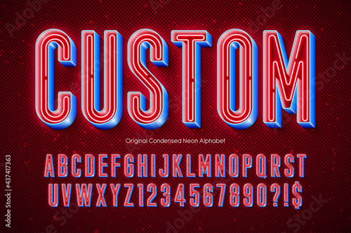 Neon light 3d alphabet, extra glowing modern type.