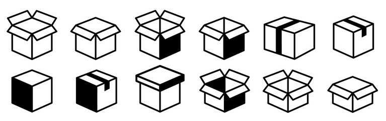 Box line icons. Empty open shipping box or unboxing line art. Carton boxes icon set. Stock vector. Vector illustration.