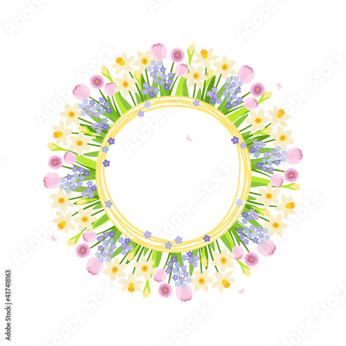 a wreath of fragrant blossoming daffodils, pink tulips, forget-me-nots. frame of flowers. floral banner. vector illustration.