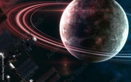 Fototapeta Naklejka Na Ścianę i Meble -  Planet in deep space in light of blue and red star. Space station blurred in motion. Science fiction. Elements of this image furnished by NASA