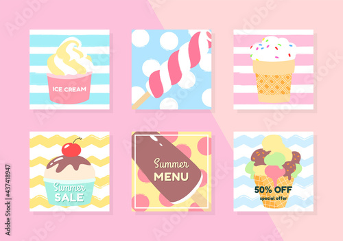 Summer backgrounds. Set of summer illustrations decorated with ice-cream. Editable templates for social networks and stories. Vector 10 EPS.