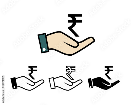 Hands holding up rupee coin. Indian rupee coin in hand. Isolated on white background. Illustration vector
