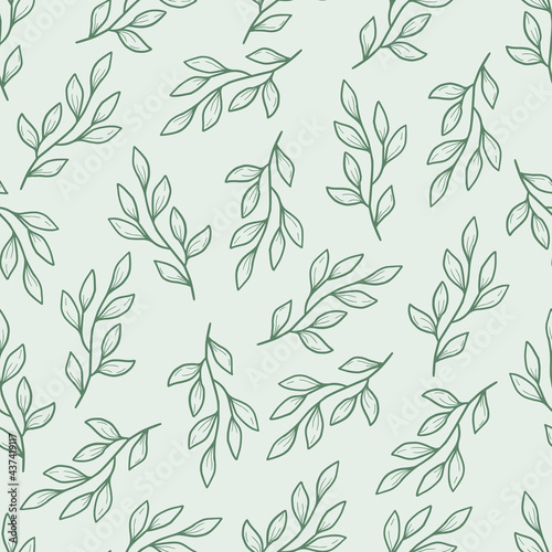 Hand drawn seamless floral pattern of simple leaf. Doodle sketch line style. Vector illustration for nature foliage wallpaper, background, textile design.