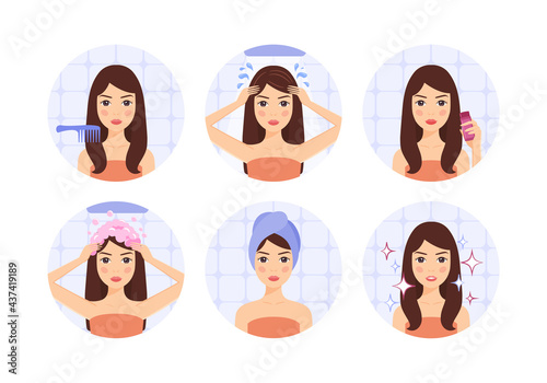 Hair care is a routine. A beautiful woman washes her hair, applies shampoo, foam. Girl with a towel on her head. Clean hair. Cartoon color flat style.White background. Vector stock illustration.
