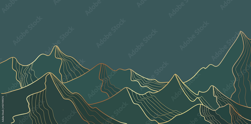 Golden mountain line landscape, wallpaper mountainous design for print. Alpine abstract view Vector illustration - obrazy, fototapety, plakaty 