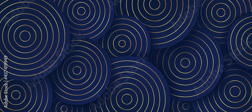 Radiant circle dark blue and gold colors for illusion background. Blue and gold luxury pattern background. Abstract circle overlap pattern design with shadow. EPS10 vector