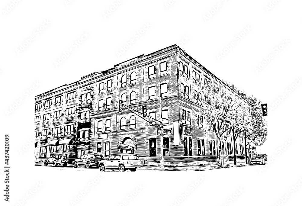Building view with landmark of Fort Wayne is a city in northeastern Indiana. Hand drawn sketch illustration in vector.