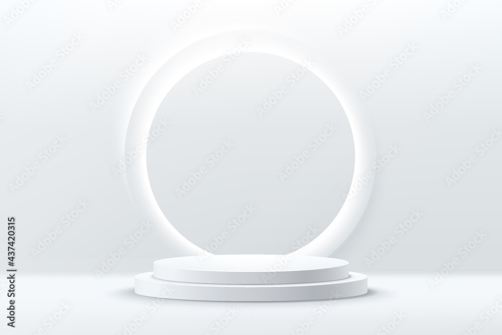 Abstract shiny silver cylinder pedestal podium. Sci-fi white empty room concept with circle glowing neon lighting. Vector rendering 3d shape, Product display presentation. Futuristic white wall scene. - obrazy, fototapety, plakaty 