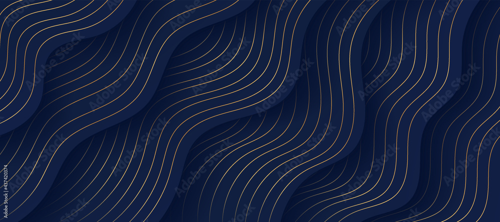Abstract fluid wavy shape on dark navy blue background, Golden lines ...