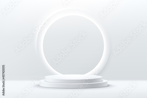 Abstract shiny silver cylinder pedestal podium. Sci-fi white empty room concept with circle glowing neon lighting. Vector rendering 3d shape, Product display presentation. Futuristic white wall scene.