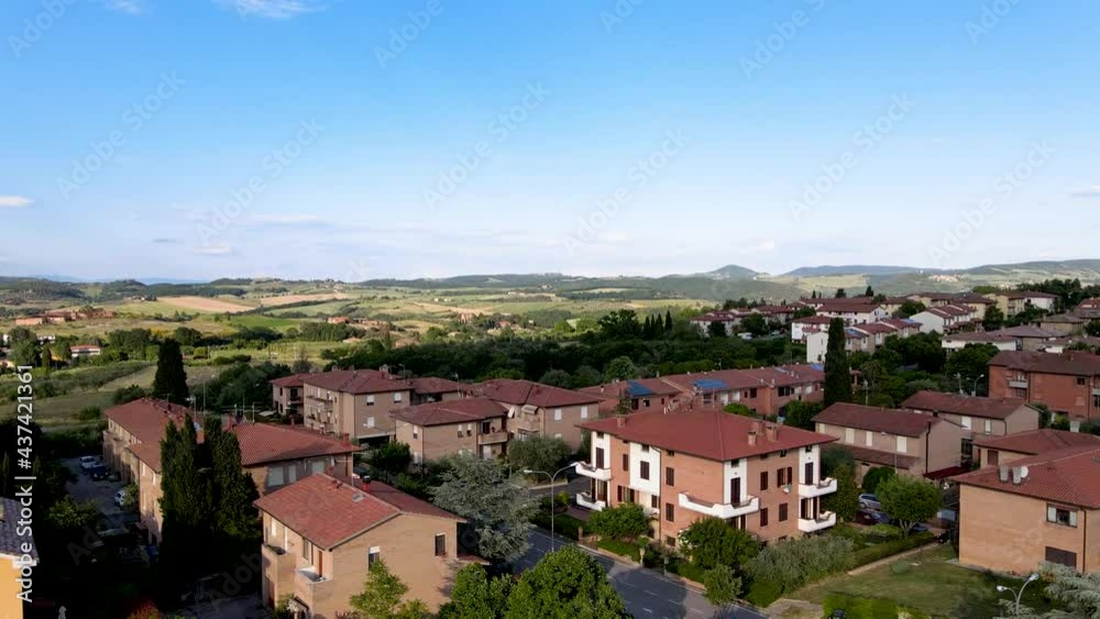 Pienza, Tuscany. Aerial view at sunset of famous medieval town Pienza, Tuscany. Aerial view at sunset of famous medieval town