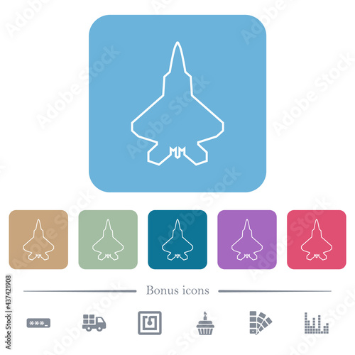 Jet fighter outline flat icons on color rounded square backgrounds