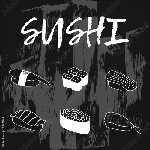 Black and white vector illustration banner of Japanese sushi set with lettering and textures