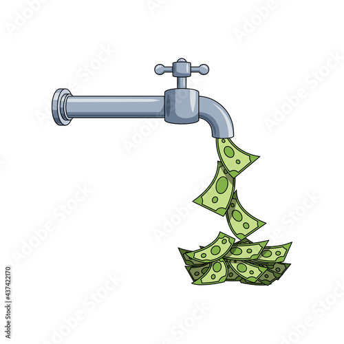 dollars bills falling from water tap. render of dollar flowing from a tap isolated on white background.