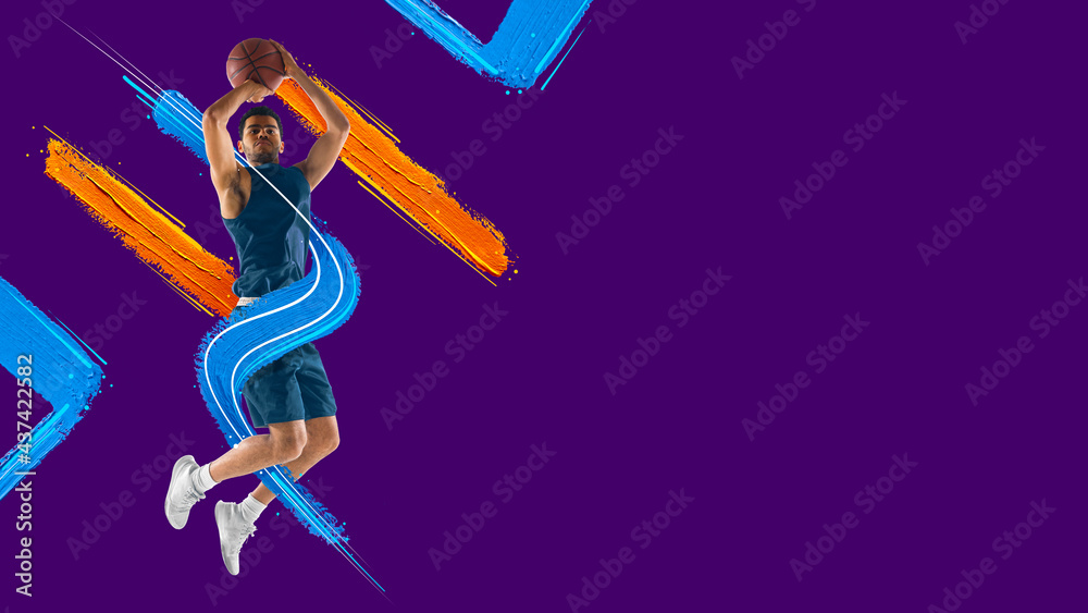 Flyer. Athletic man, basketball player training isolated in neon light on purple background. Art collage. Watercolor paints. Concept of sport, game, action.