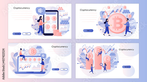 Crypto currency. Bitcoin, altcoin. Digital web money. Blockchain. Fintech industry. Trading. Screen template for landing page, template, ui, web, mobile app, poster, banner, flyer. Vector illustration