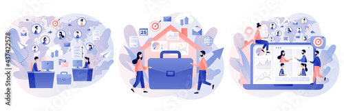 Remote working. Work from home and work from anywhere. Tiny people connecting and working online. Freelance. Modern flat cartoon style. Vector illustration on white background