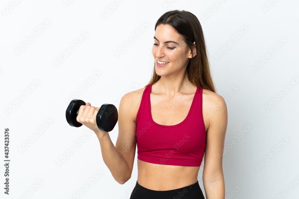 Sport woman making weightlifting isolated on white background with happy expression Sport woman making weightlifting isolated on white background with happy expression