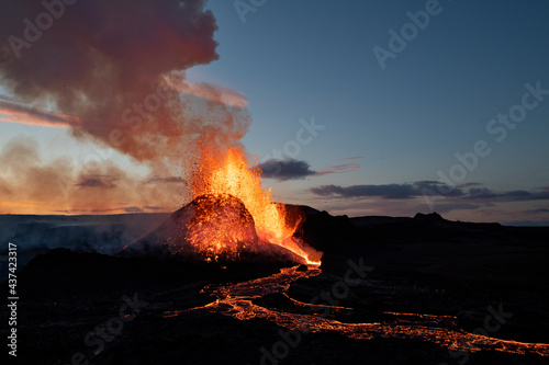 Reykjanes Peninsula, Iceland - May 9th 2021: Geldingadalir eruption and lava photo