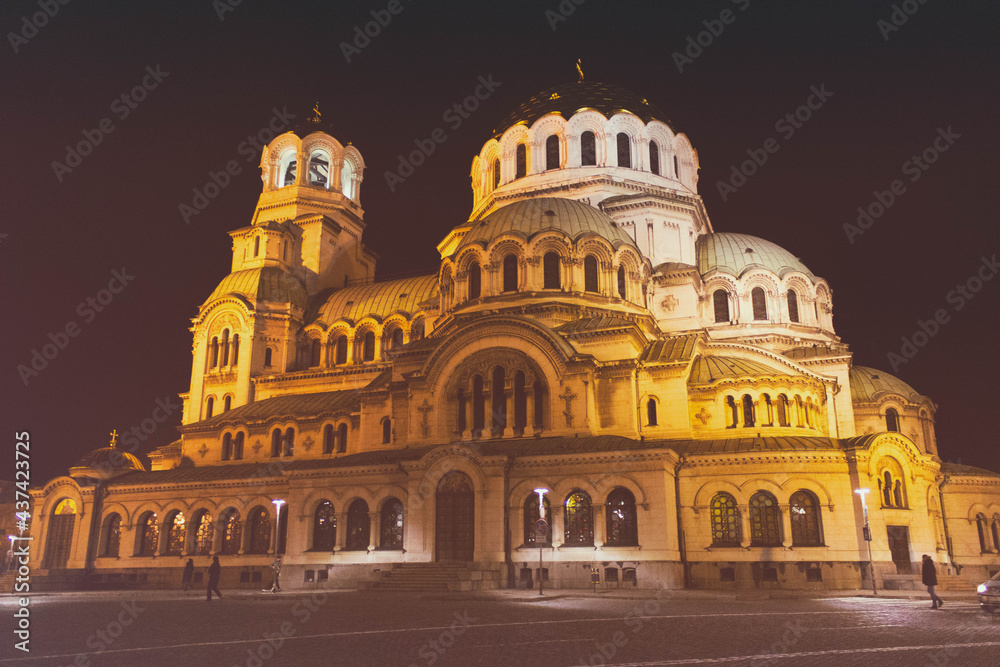 Temple Monument of St. Alexander Nevsky in Sofia at night
