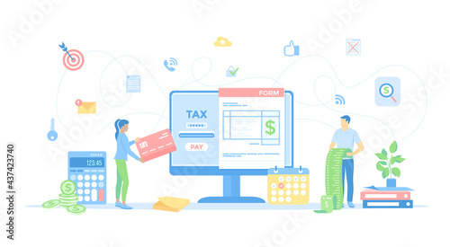 Payment Tax. Taxation, calculation of tax return. People count bills and pay online via electronic form. Vector illustration flat style.