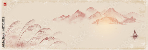 Seacscape with fishing boat. leaves of grass and distant mountains on vintage background. Traditional oriental ink painting sumi-e, u-sin, go-hua. Translation of hieroglyph - eternity.