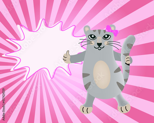 Cute cat tigress shows thumb up. Pop art portrait of a playful cat Successful cartoon character with speech bubble on bright pink rays background. Vector illustration, poster, banner in retro style.