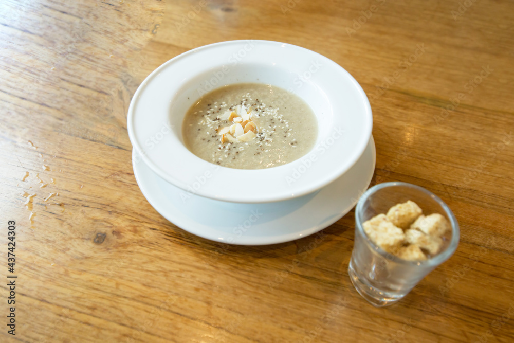 Top view of mixed mushroom soup with Biscuits. Top view of mixed mushroom soup with Biscuits.