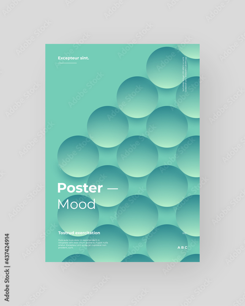 Abstract Placard, Poster, Flyer, Banner Design. Colorful illustration on vertical A4 format. 3d geometric shapes. Decorative neumorphism circles backdrop.
