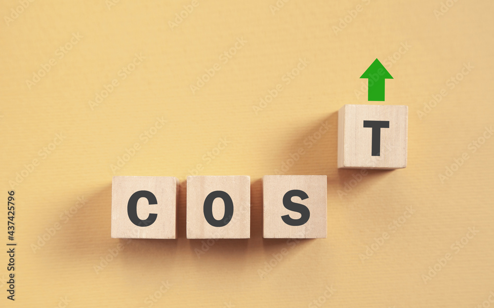 Wooden cubes with a Cost word and up arrow.