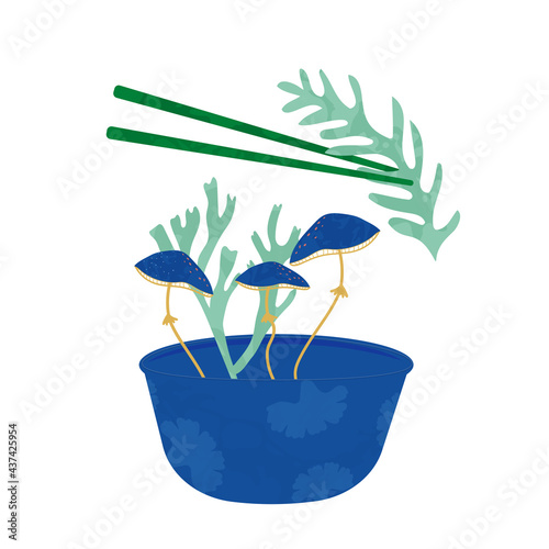 Illustration vectorielle bol algues et champignons avec des baguettes chinoises. Nourriture, aliments à base de plantes.