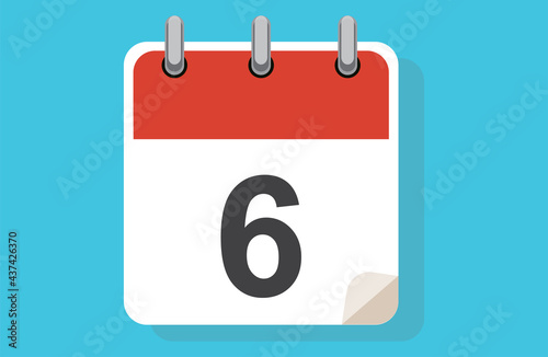 Day Six. Simple calendar with date 6.Flat calendar icon vector illustration. calendar icon flat day 6. Vector illustration. Calendar lined icon