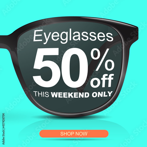 Sunglasses for half price concept. Big sale 50 off. Eyeglasses discount banner.