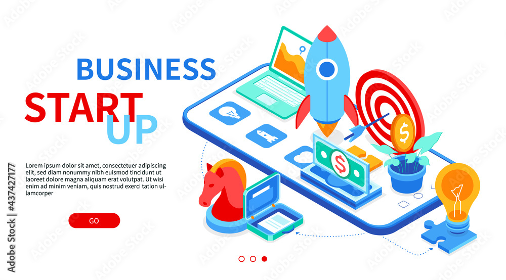 Business start up - modern colorful isometric web banner Business start up - modern colorful isometric web banner