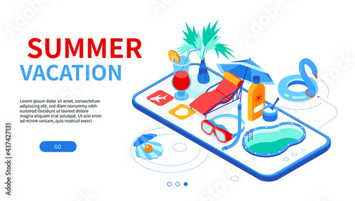 Summer vacation - modern colorful isometric web banner