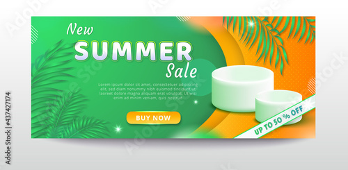 Summer season sale web banner template with tropical leaves background