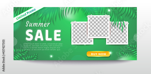 Summer season sale web banner template with tropical leaves background