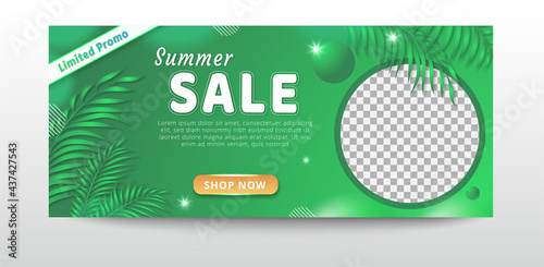 Summer season sale web banner template with tropical leaves background