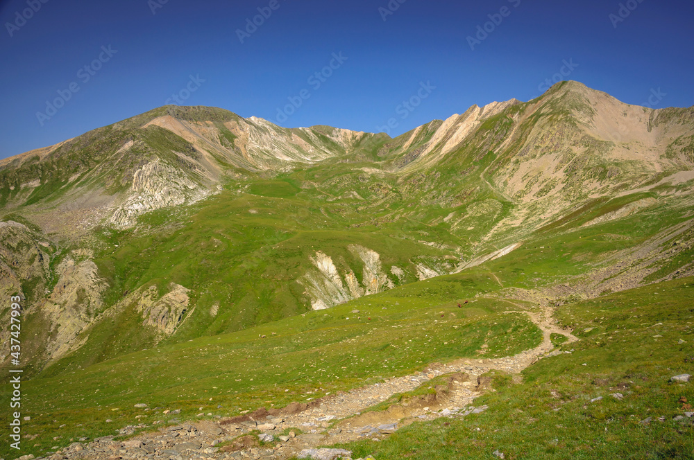 Coll de la Marrana mountain pass. Views towards the Freser valley in summer (Ripollès, Catalonia, Spain, Pyrenees)