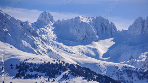 Detail of Aran mountains, seen from the town of Mont, in Mijaran, during winter (Aran Valley, Catalonia, Spain, Pyrenees)